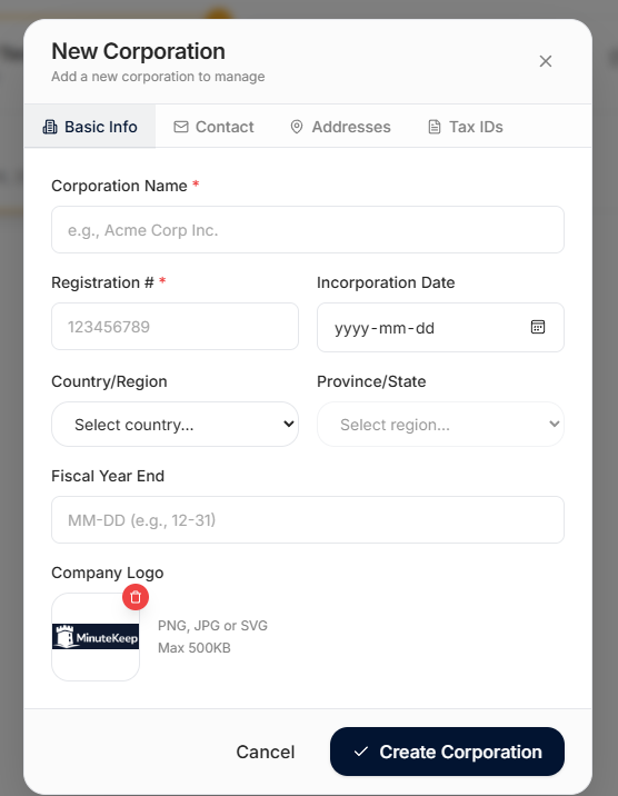 Add Corporation Form